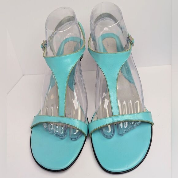 Vintage Tommy Hilfiger Aqua Blue & Green Leather T-strap Slingback Heels 9 - Picture 4 of 8